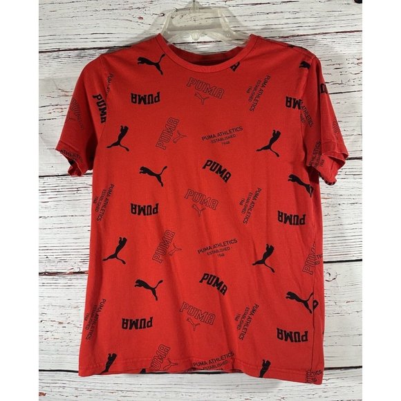 Puma Logo T-Shirt Tee Boys Size Large Red Short Sleeve Athletic Spell Out Cotton - Picture 1 of 7